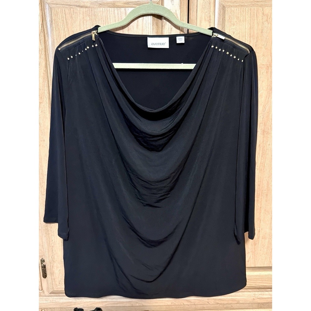Avenue Women's Plus Black Drape Cowl Neck Gold Studded Zip Flowy Tunic Top 18/20